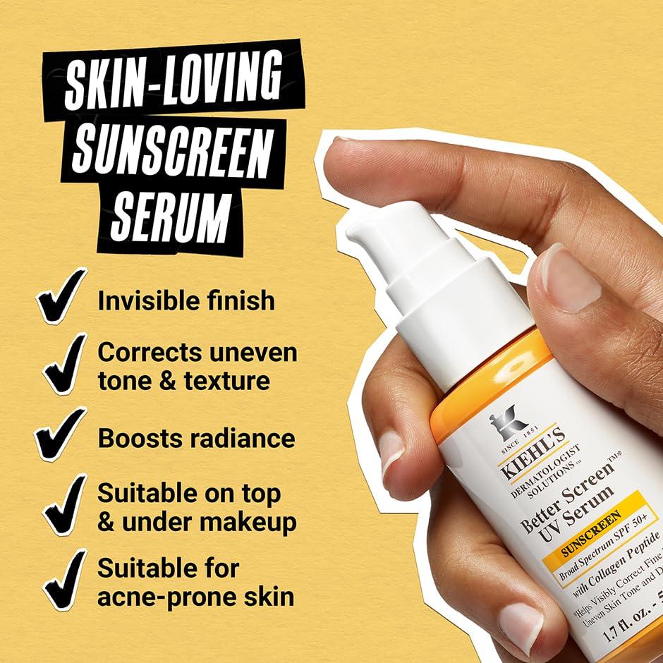 imageKiehls Better Screen UV Serum SPF 50 Invisible Facial Sunscreen with Collagen Peptide UV Filters to Shield UVA ampamp UVB Helps Correct Visible Signs of Aging Boosts Skin Radiance34 Fl Oz Pack of 1